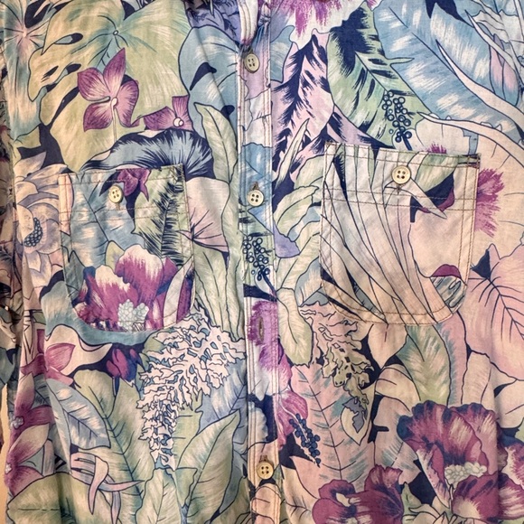 Soda Purple and Green Casual Button Down Shirt with Artistic Floral Design - Picture 4 of 5